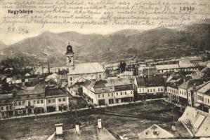 Nagybánya, Baia Mare; Látkép a református templommal, Vajda Márton üzlete / general view, Calvinist church, shop (EK)