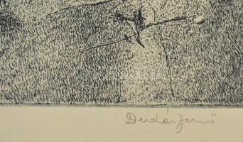 Dudás Jenő (1900-1991): Tihanyi faluvég. Rézkarc, papír, jelzett, 29×38 cm