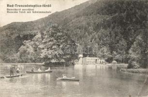 Trencsénteplic, Trencianske Teplice; Baracska-tó uszodával, csónakázók, Wertheim Zsigmond kiadása / Teich mit Schwimmschule / lake with swimming pool, boats (EK)