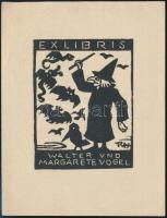 Rolf von Hoerschelmann (1885-1947): Boszorkányos ex libris Walter und Margarete Vogel, fametszet, papír, jelzett a dúcon, 7,5×6 cm