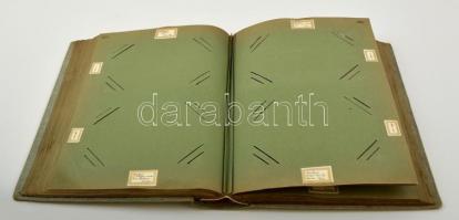 cca 1900-1910 Szénássy Béla 50 lapos üres vászon fotóalbum, a lapokon feliratozott címkékkel
