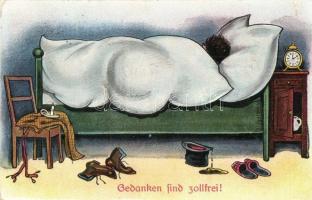 Gedanken sind zollfrei! / Thoughts are duty-free! / in bed, humorous postcard, L. & P. 6516. (EK)