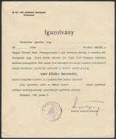 1945 Igazolás hadiüzemben való foglalkoztatásról, Nemzeti Bank Pénzjegynyomda, kitöltetlen, hadiüzemi személyzeti parancsnok által aláírt, lepecsételt, 23,5x20 cm