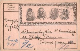 Első világháborús tábori posta képeslap, a központi hatalmak uralkodóival; V. Mehmed, II. Vilmos, Ferenc József, I. Ferdinánd / WWI military field post postcard, Central Powers propaganda, Mehmed V, Wilhelm II, Franz Joseph, Ferdinand I of Bulgaria; Feldpostkarte (EK)