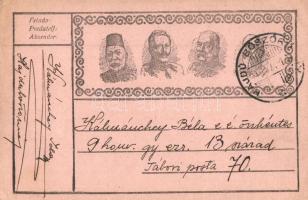 Első világháborús tábori posta képeslap, a központi hatalmak uralkodóival; V. Mehmed, II. Vilmos, Ferenc József, I. Ferdinánd / WWI military field post postcard, Central Powers propaganda, Mehmed V, Wilhelm II, Franz Joseph, Ferdinand I of Bulgaria; Feldpostkarte (EK)