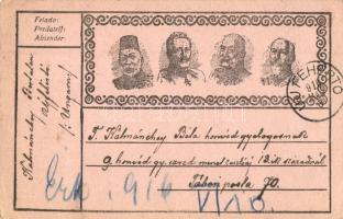 Első világháborús tábori posta képeslap, a központi hatalmak uralkodóival; V. Mehmed, II. Vilmos, Ferenc József, I. Ferdinánd / WWI military field post postcard, Central Powers propaganda, Mehmed V, Wilhelm II, Franz Joseph, Ferdinand I of Bulgaria; Feldpostkarte (EK)