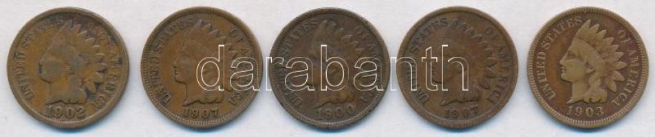Amerikai Egyesült Államok 1900-1907. 1c Br Indian Head (5x) közte 4db klf T:2,2- USA 1900-1907. 1 Cent Br Indian Head (5x) with four diff pieces C:XF,VF