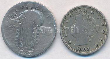Amerikai Egyesült Államok 1903. 5c Cu-Ni "Liberty Nickel" + 1925. 1/4$ Ag "Standing L...