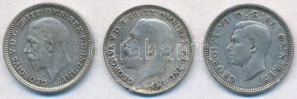 Nagy-Britannia 1922. 3p Ag + 1933. 3p Ag "V. György" + 1937. 3p Ag "VI. György" T:2,2- (1922 enyhén hajlott) Great Britain 1922. 3 Pence Ag + 1933. 3 Pence Ag "George V" + 1937. 3 Pence Ag "George VI" C:XF,VF (1922 slightly curved)
