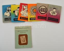 1959 Úttörő zsebkönyvek, saját papírtokjában, 6 db: Bélyegkönyv, Felelj ha tudsz! Légy ügyes!, Festményország, Naptár, 1919 Hősei + Bélyeggyűjtők kiskönyve