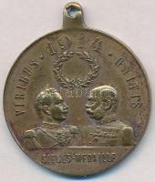 Osztrák-Magyar Monarchia 1914. "Az Osztrák-Magyar Monarchia és Németország egyesült népeinek emlékére" aranyozott Br győzelmi medál füllel, szalag nélkül (36mm) T:2,2- ph. Austro-Hungarian Monarchy 1914. "Commemoration  Medallion about the union of the people of the Austro-Hungarian Monarchy and Germany" gold plated Br medal with ear, without ribbon (36mm) C:XF,VF edge error