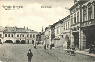 Zsolna, Zilina; Piac részlet, Melczer Antal, Ifj. Tvrdy István üzletei, biztosító intézet, Glasel S. kiadása / market, shops, insurance company (EK)