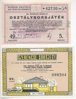 Budapest 1943. "49. Magyar Királyi Osztálysorsjáték - Ötödik osztály" egy nyolcad sorsjegy, "Dr. SIMON GYÖRGY BUDAPEST, IV. Petőfi Sándor-utca 9-11. " bélyegzéssel + Budapest 1967. "Magyar Újságírók Országos Szövetsége - Szerencse-sorsjegy" sorsjegy 4Ft értékben T:II-III