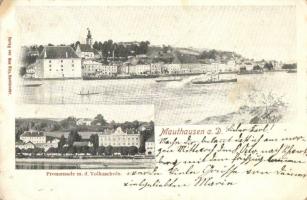 Mauthausen an der Donau, Promenade m. d. Volksschule / promenade, school, general view, steamship (EK)