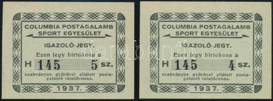1937 a Columbia Postagalamb Sportegyesület 2 db igazolójegye