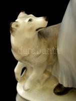 Zsolnay parasztasszony a kutyával, kézzel festett, jelzett, hibátlan, m:31 cm