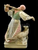 Zsolnay parasztasszony a kutyával, kézzel festett, jelzett, hibátlan, m:31 cm