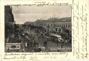 Szászrégen, Reghin; Fő tér, üzletek / main square with autobus, automobiles, shops 1940 Szászrégen visszatért So. Stpl (EK)