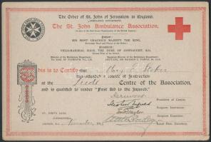 1915 St. John angol vöröskeresztes betegápolói és elsősegélynyújtói oklevél, 2 db, aláírásokkal, 15,5x23 cm / St. John Ambulance Assiciation Red Cross certifications, signed