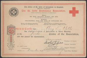 1915 St. John angol vöröskeresztes betegápolói és elsősegélynyújtói oklevél, 2 db, aláírásokkal, 15,...