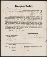 1858 Pest, Polgármesteri tanács által kiadott lakbértől való eltiltás német nyelven, 27x22 cm / 1858 Pest, Hauszins-Verbot