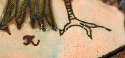 Tóbiás Klára (1945-): Emese álma. Tűzzománc, fém lemez, jelzett, kis horpadással, fa keretben, d:11,...