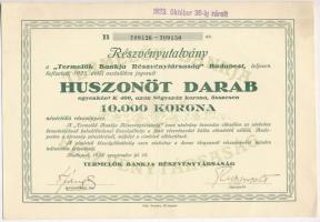 Budapest 1923. "Termelők Bankja Részvénytársaság" részvényutalvány 10.000K-ról, bélyegzéssel és szárazpecséttel T:II