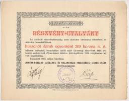 Budapest 1923. "Magyar-Holland Izzólámpa- és Villamossági Felszerelési Cikkek Gyára Részvény-Társaság" részvényutalvány 25db egyenkért 200K értékű részvényről, bélyegzéssel T:I-