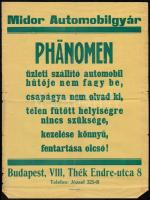 cca 1930 Midor Automobilgyár Phänomen üzleti szállító automobil reklámplakát, kis szakadásokkal, 31x23,5 cm