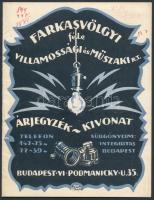 cca 1920 Farkasvölgyi-féle Villamossági és Műszaki Rt. árjegyzéke, 16 p., 15x12 cm