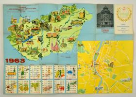1963 Retro Csemege Élelmiszerkereskedelmi Vállalat naptár, rajta illusztrált Magyarország és Budapest térképpel, Bp., Kartográfiai Vállalat, 46x68 cm.
