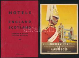 cca 1930 Utazási prospektusok az Egyesült Királyságból, 8 db, London, Skócia, hotel és vasuti prospektusokkal, számos fotóval, egy-két térképpel, angol, és német nyelven, érdekes anyag./ cca 1930 Travel brochures from U.K., 8 pc., London, Scotland, hotel and railway brochures, with photos, and some maps, in English and German language.