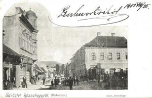Rózsahegy, Ruzomberok; Híd utca, Rosentzweig és Róth Jakab üzlete / street, shops (EK)