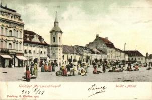 Marosvásárhely, Targu Mures; Fő tér, piac, Szalmásy Gyula, Háry Géza, József Emil üzlete. Petróczy G. kiadása / main square, market, shops (Rb)