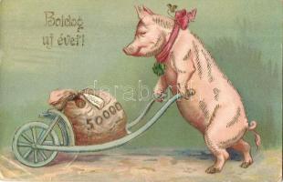 Boldog Újévet! / New Year, pig with money, EAS 17339/17340. golden decorated litho