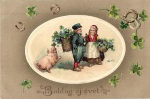 Boldog Újévet! / New Year, pig with couple, Emb. litho (EK)