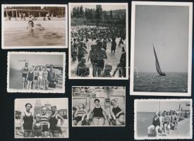 cca 1920-1930 Vegyes strandfotók, 10 db, Balatoni vitorlásról készült fotóval, Gellért hullámfürdős fotókkal, Wörthi tónál készült fotóval, egy részük a hátoldalon feliratozva, 4x6 cm és 14x9 cm közötti méretben.
