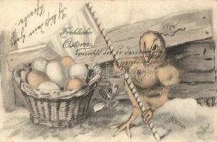 Fröhliche Ostern / Easter, chicken with flag, litho