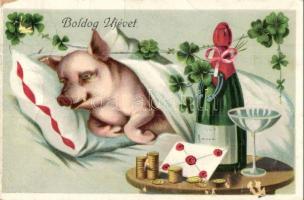 Boldog Újévet / New Year, pig, money, champagne, litho (EB)