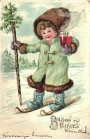 Boldog Újévet / New Year, skiing child with drink, Ser. 252. No. 325. litho (Rb)