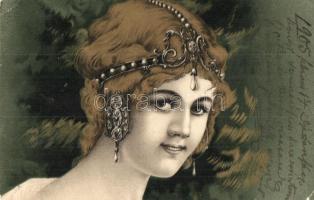 Art Nouveau lady litho art postcard (EK)