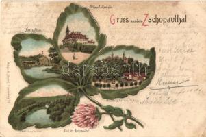 Zschopautal, Niederwiesa, Harrasfelsen, Schloss Lichtenwalde, Verlag A. Bosdorf / valley, castle, floral Art Nouveau litho (EK)