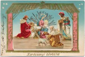 Karácsonyi üdvözlet, térhatású dekorált litho képeslap / Christmas, golden decorated dimensional litho postcard