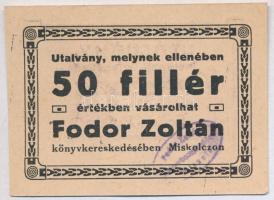 Miskolc ~1920. 1K "00" korona bélyegzéssel, hátoldala 50f névértékű és felülbélyegzett &qu...