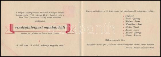 1948 Centenáriumi vendéglátóipari munkás bál meghívója, 10,5x15 cm
