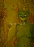 Gyémánt László (1935-): Madárlány és macskalány fürdeni készül. Olaj, farost, jelzett, keretben, 70×...