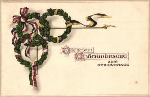 Die Besten Glückwünsche zum Geburtstage / Birthday greeting card with the German and the Austro-Hungarian flags, litho (EK)