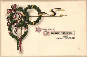 'Die Besten Glückwünsche zum Geburtstage' / Birthday greeting card with the German and the Austro-Hungarian flags, litho (EK)