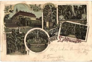 Niederwiesa, Park Lichtenwalde, Hauptallee im Park, Schloss, Freitreppe, Die sieben Wasserkünste, Verlag Aug. Bosdorf / park, main street, castle, floral Art Nouveau litho (EK)