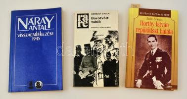 3 db katonai könyv: Szabó Mátyás: Horthy István repülőtiszt halála (1999); Hernádi Gyula: Borotvált tabló (1980); Náray Antal: Visszaemlékezése (1988). Papír- ill. kartonált papírkötésben, jó állapotban.